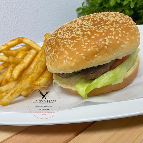 Classic burger with lettuce and tomato, served with a side of golden french fries.